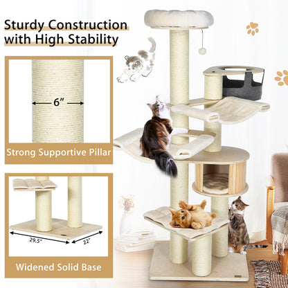 77.5" Wooden Cat Tree, Modern Multi-Level Cat Tower with Padded Perch, 2 Hammocks & Basket Bed, Sisal Scratching Posts and Dangling Balls for Indoor Cat Use