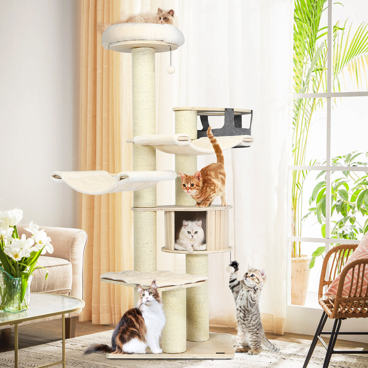 77.5" Wooden Cat Tree, Modern Multi-Level Cat Tower with Padded Perch, 2 Hammocks & Basket Bed, Sisal Scratching Posts and Dangling Balls for Indoor Cat Use