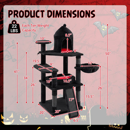 50-inch Gothic Cat Tree, Multi-Level Black Cat Tower