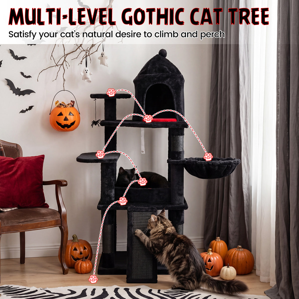 50-inch Gothic Cat Tree, Multi-Level Black Cat Tower