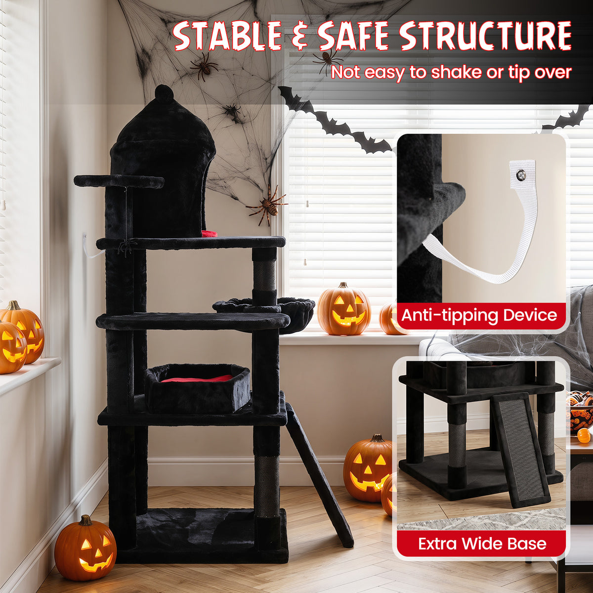 50-inch Gothic Cat Tree, Multi-Level Black Cat Tower