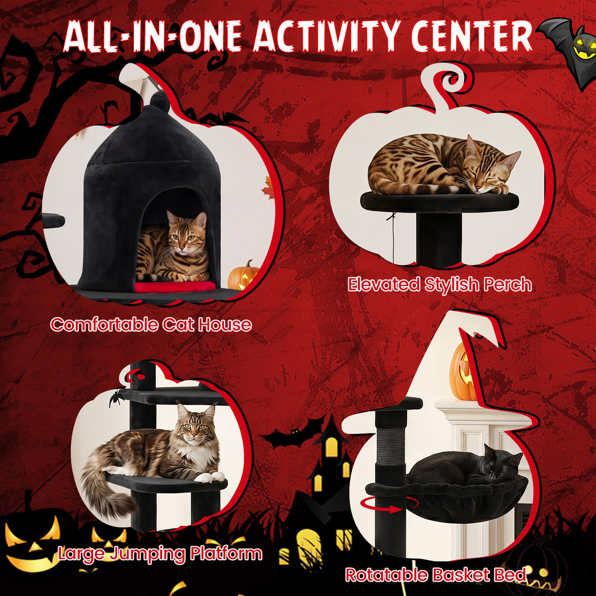 50-inch Gothic Cat Tree, Multi-Level Black Cat Tower