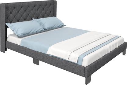 Goflame Queen/Full/Twin Size Bed Frame with Button Tufted Headboard, Modern Fabric Upholstered Platform Bed with Wingback Design, Grey
