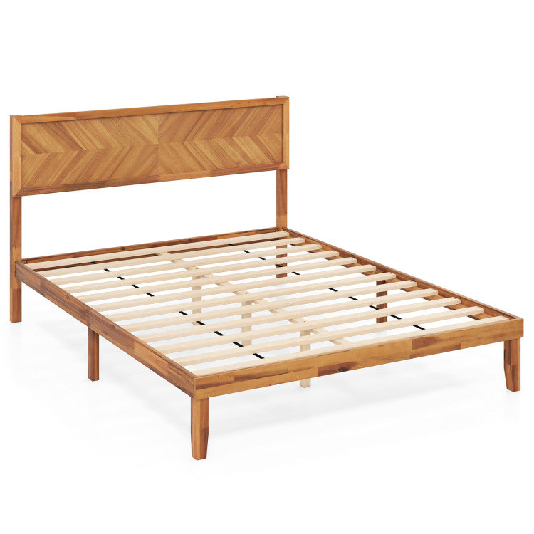 Goflame Wood Twin Bed/Full Size Bed/Queen Bed Frames with Headboard, Solid Acacia Wood Platform Bed with 12 Strong Wooden Slat Support