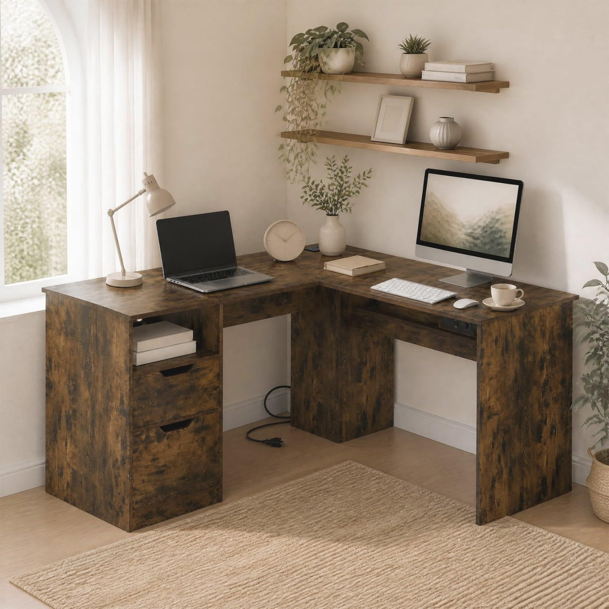 GOFLAME 59" L-Shaped Computer Desk with Drawers & Bookshelf