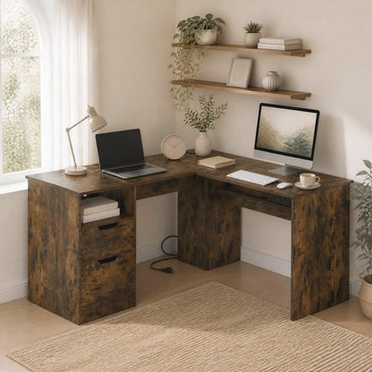 GOFLAME 59" L-Shaped Computer Desk with Drawers & Bookshelf