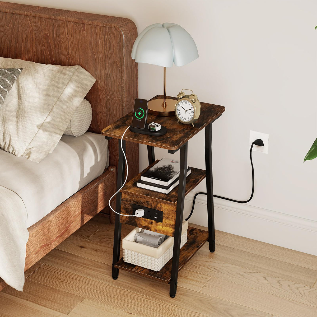 Goflame 3-Tier Industrial Nightstand with Charging Station (1/2)