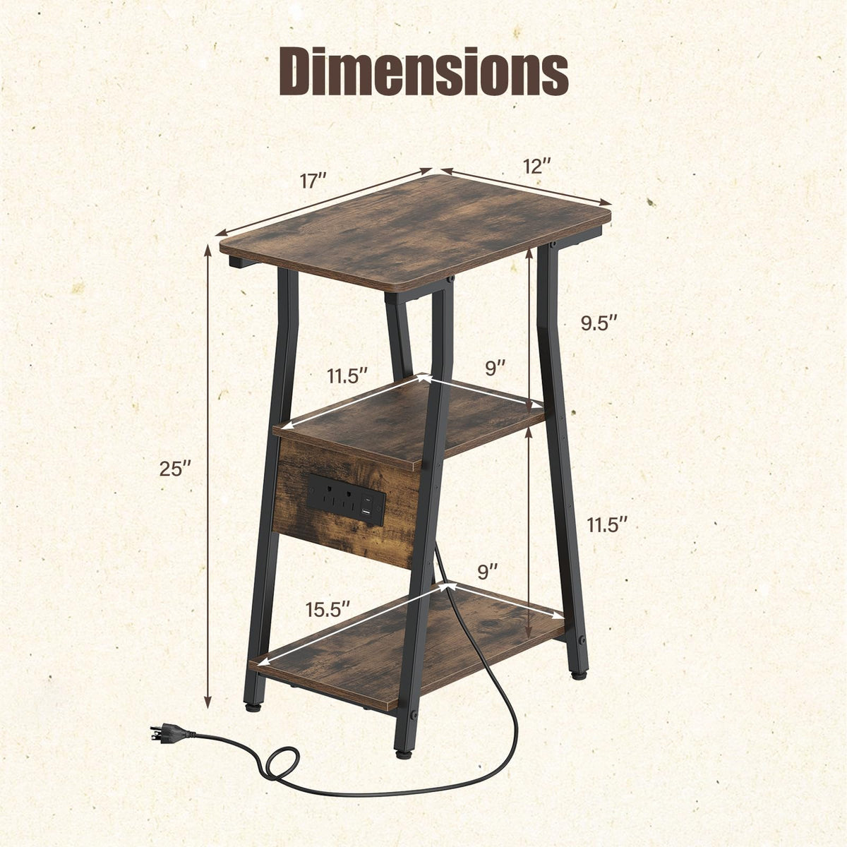 Goflame 3-Tier Industrial Nightstand with Charging Station (1/2)