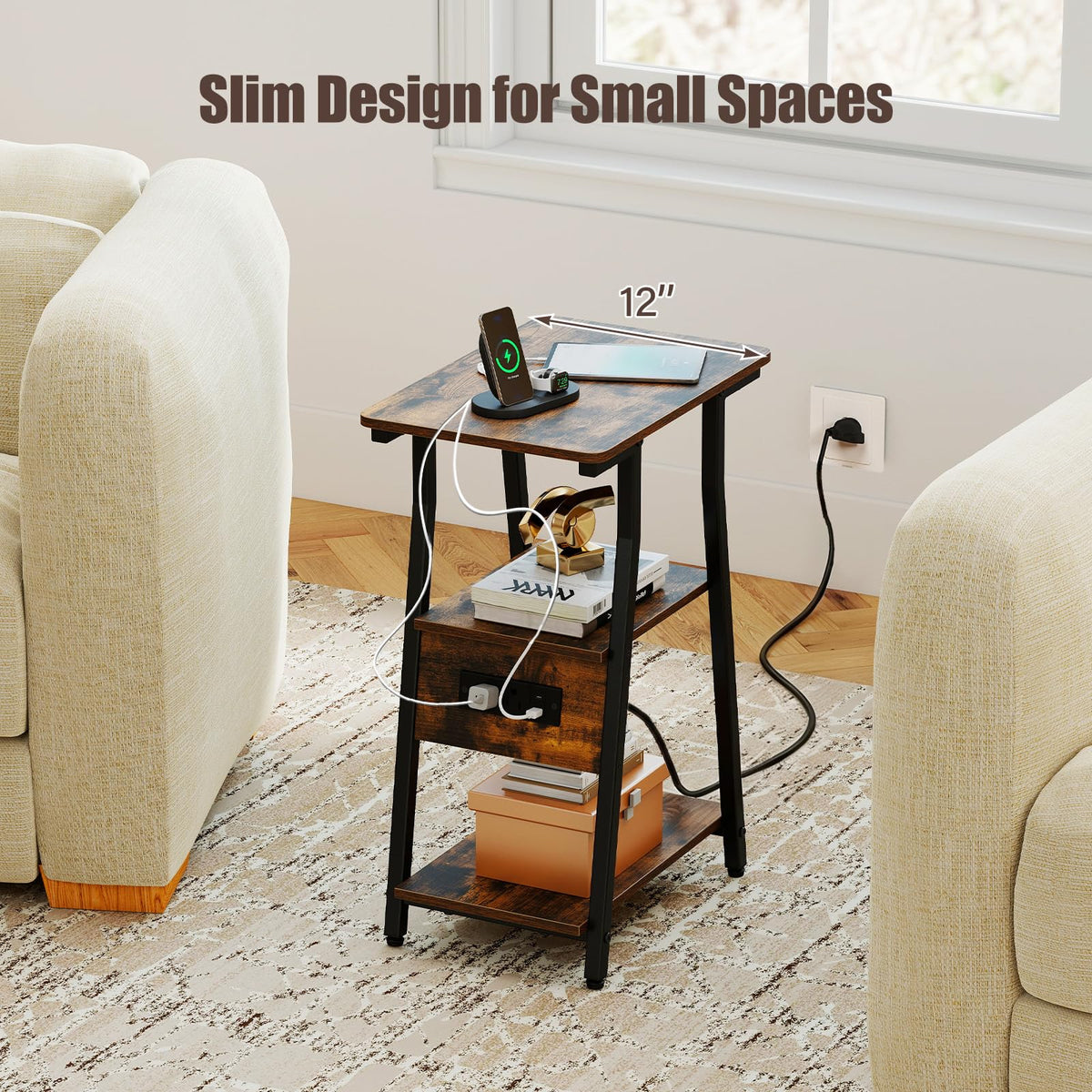 Goflame 3-Tier Industrial Nightstand with Charging Station (1/2)
