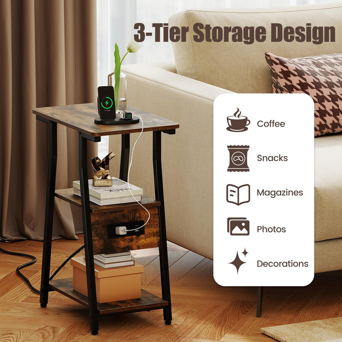 Goflame 3-Tier Industrial Nightstand with Charging Station (1/2)
