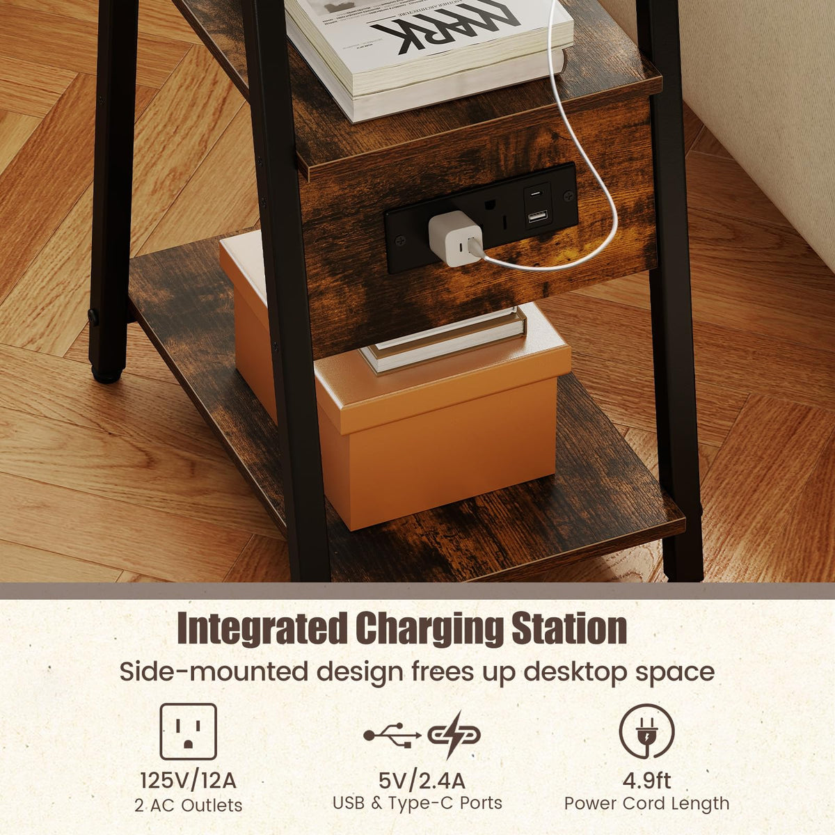 Goflame 3-Tier Industrial Nightstand with Charging Station (1/2)
