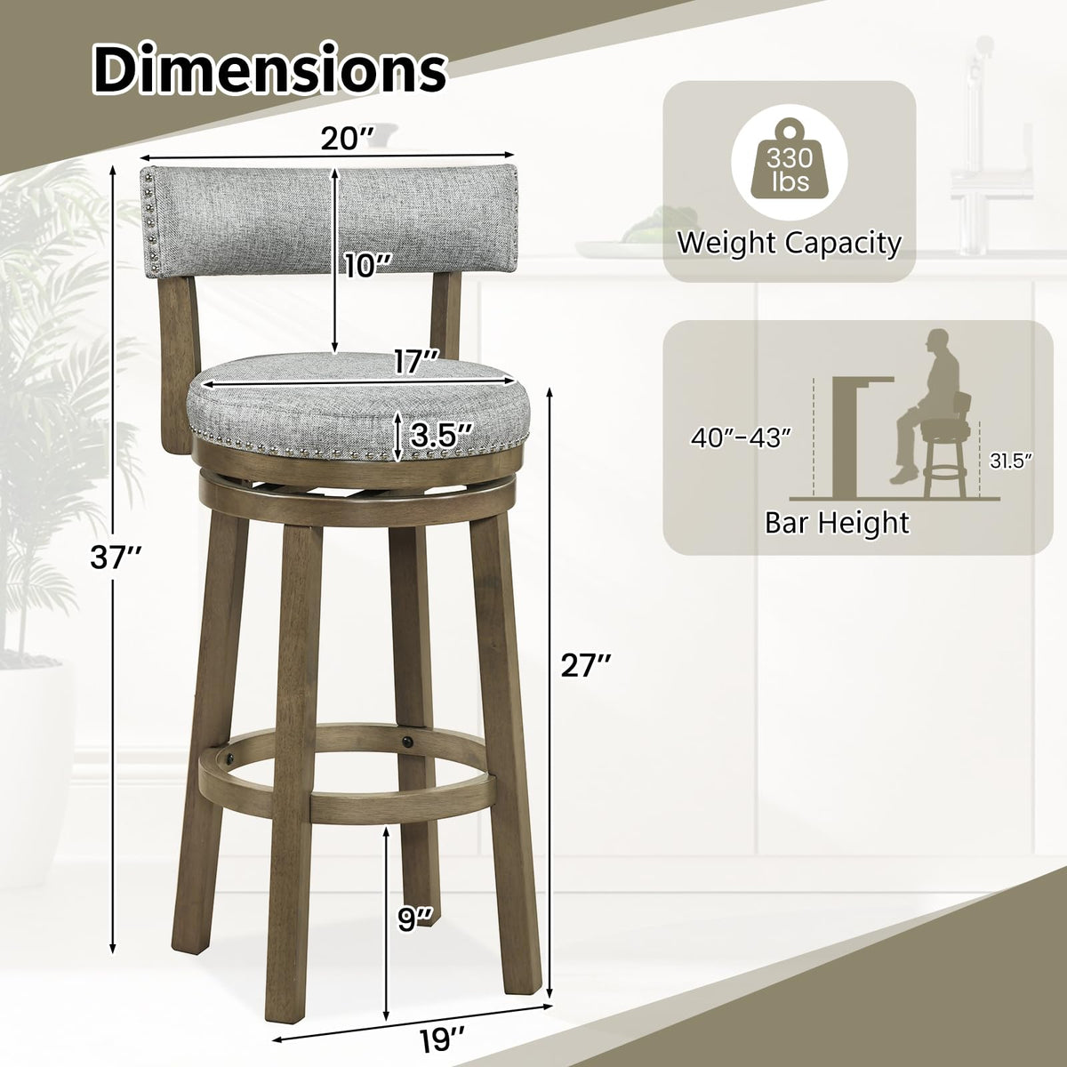 Goflame 31.5" Bar Height Stools with Linen Fabric Upholstered Seat & Back Set of 2/4