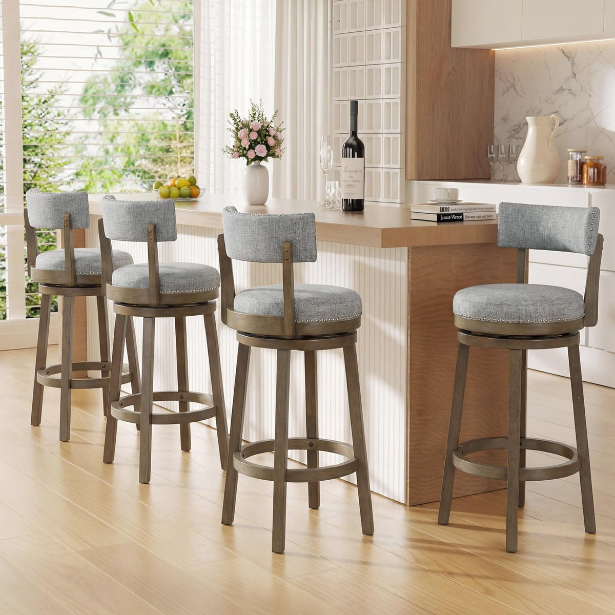 Goflame 31.5" Bar Height Stools with Linen Fabric Upholstered Seat & Back Set of 2/4