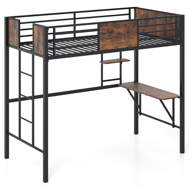 Goflame Twin Loft Bed with Desk - Heavy-Duty Metal Bed Frame w/Safety Guardrail