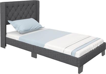 Goflame Queen/Full/Twin Size Bed Frame with Button Tufted Headboard, Modern Fabric Upholstered Platform Bed with Wingback Design, Grey