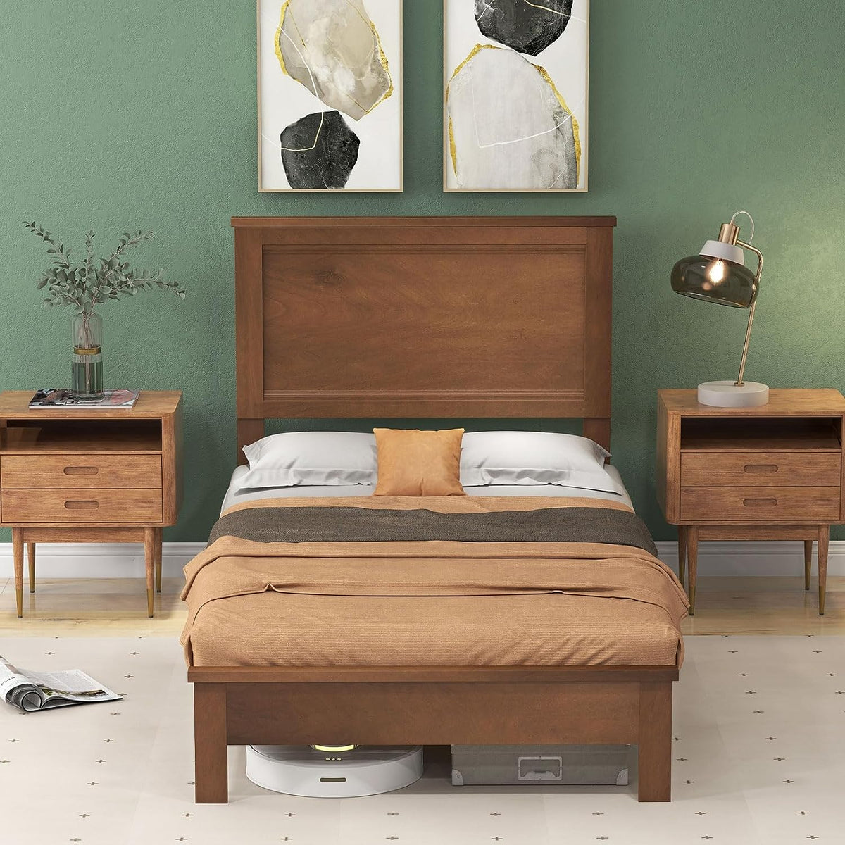 Goflame Queen/Full/Twin Size Wood Platform Bed Frame with Headboard, Mid Century Bed Frame with Solid Wood Legs & Wooden Slat Support