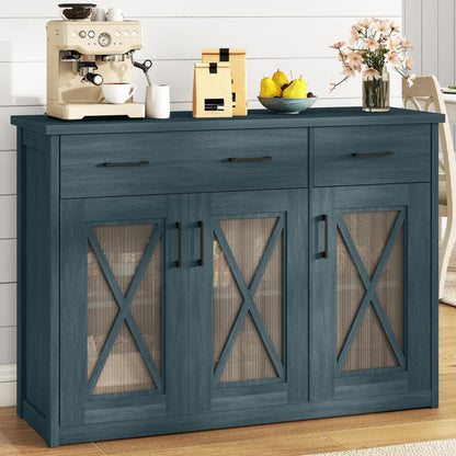 Goflame 47" Farmhouse Buffet Cabinet w/Fluted Glass Doors 2 Drawers & Adjustable Shelves