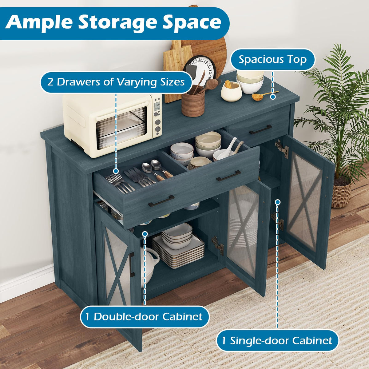 Goflame 47" Farmhouse Buffet Cabinet w/Fluted Glass Doors 2 Drawers & Adjustable Shelves
