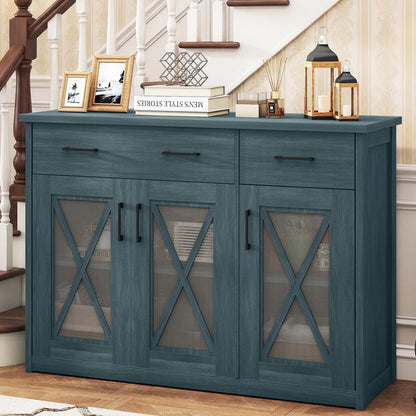 Goflame 47" Farmhouse Buffet Cabinet w/Fluted Glass Doors 2 Drawers & Adjustable Shelves