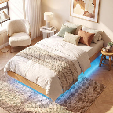 Goflame Wood Floating Bed Frame Queen Size with Smart LED Light, Natural | Modern Platform Bed w/Heavy Duty Mattress Foundation