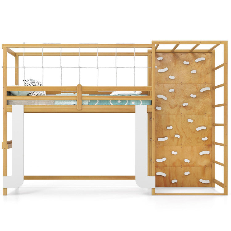 Goflame Twin Bunk Bed with Jungle Gym Wooden Loft Bed with Climbing Ladder