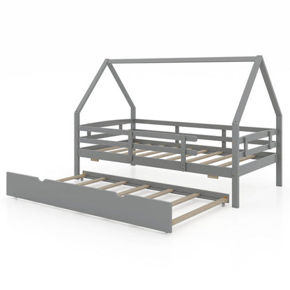 Goflame Twin House Bed with Trundle, Wood Kids Bed Frame with Roof & Fence Rails