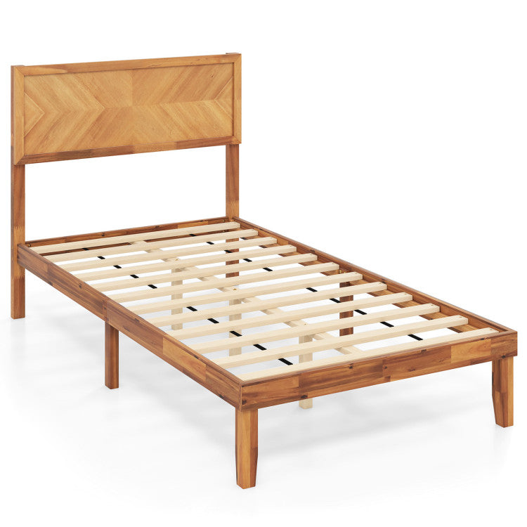Goflame Wood Twin Bed/Full Size Bed/Queen Bed Frames with Headboard, Solid Acacia Wood Platform Bed with 12 Strong Wooden Slat Support
