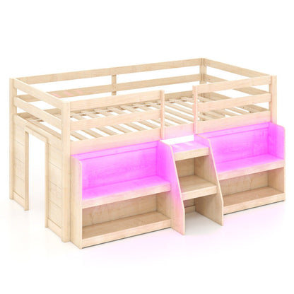 Goflame Low Loft Bed with LED Lights, Wooden Twin Loft Bed with Stairs & Safety Guardrail