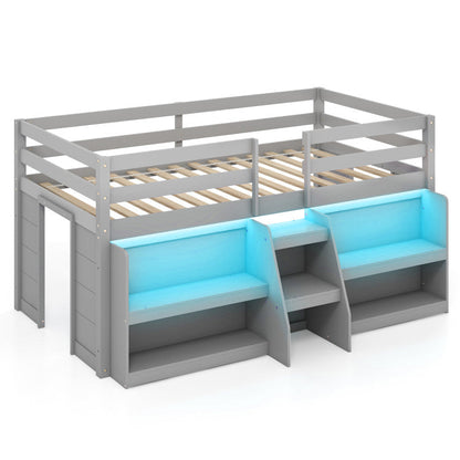 Goflame Low Loft Bed with LED Lights, Wooden Twin Loft Bed with Stairs & Safety Guardrail