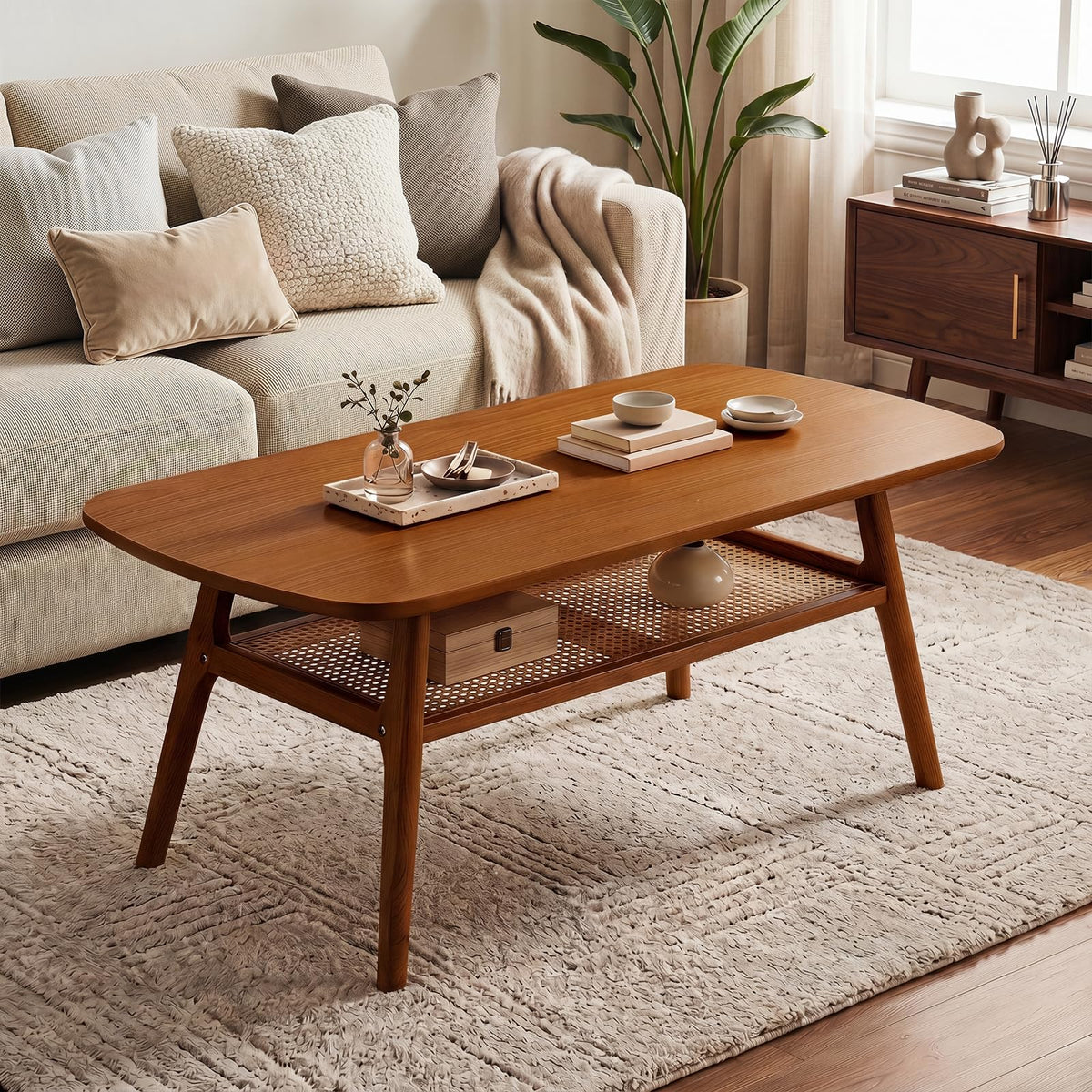 Goflame Rattan Coffee Table with Storage & Solid Rubber Wood Legs