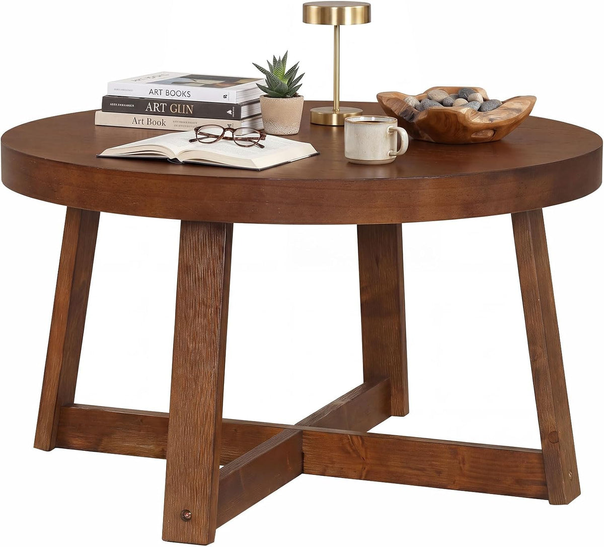 Goflame 30" Wood Center Table with Thickened Tabletop & Cross-Shaped Pine Wood Frame