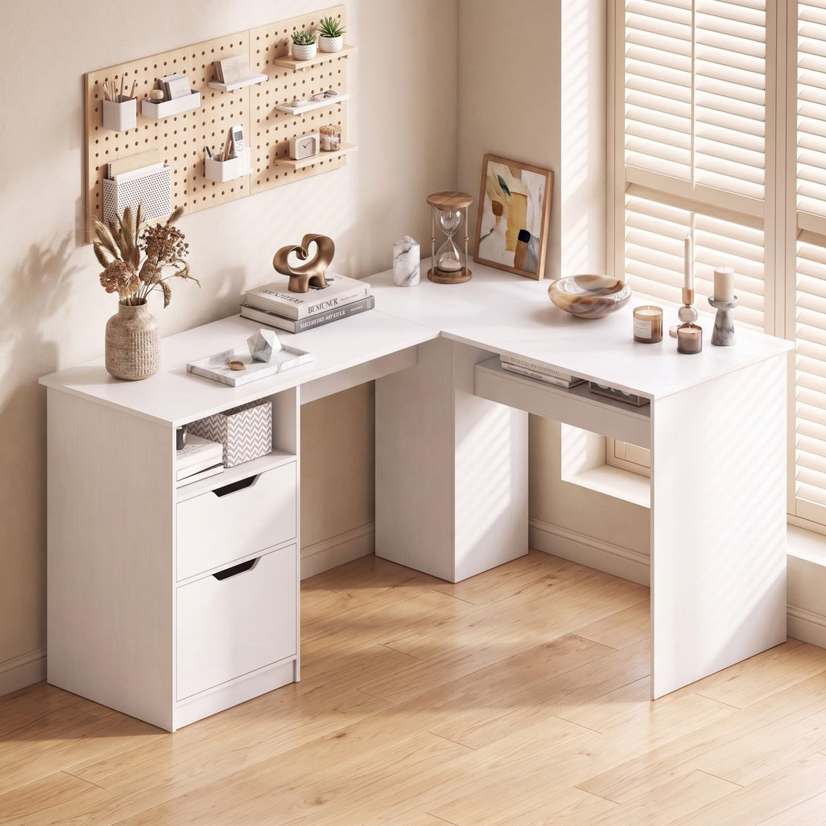 GOFLAME 59" L-Shaped Computer Desk with Drawers & Bookshelf