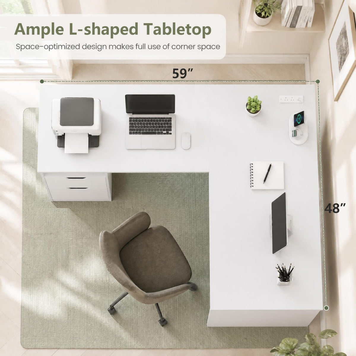 GOFLAME 59" L-Shaped Computer Desk with Drawers & Bookshelf