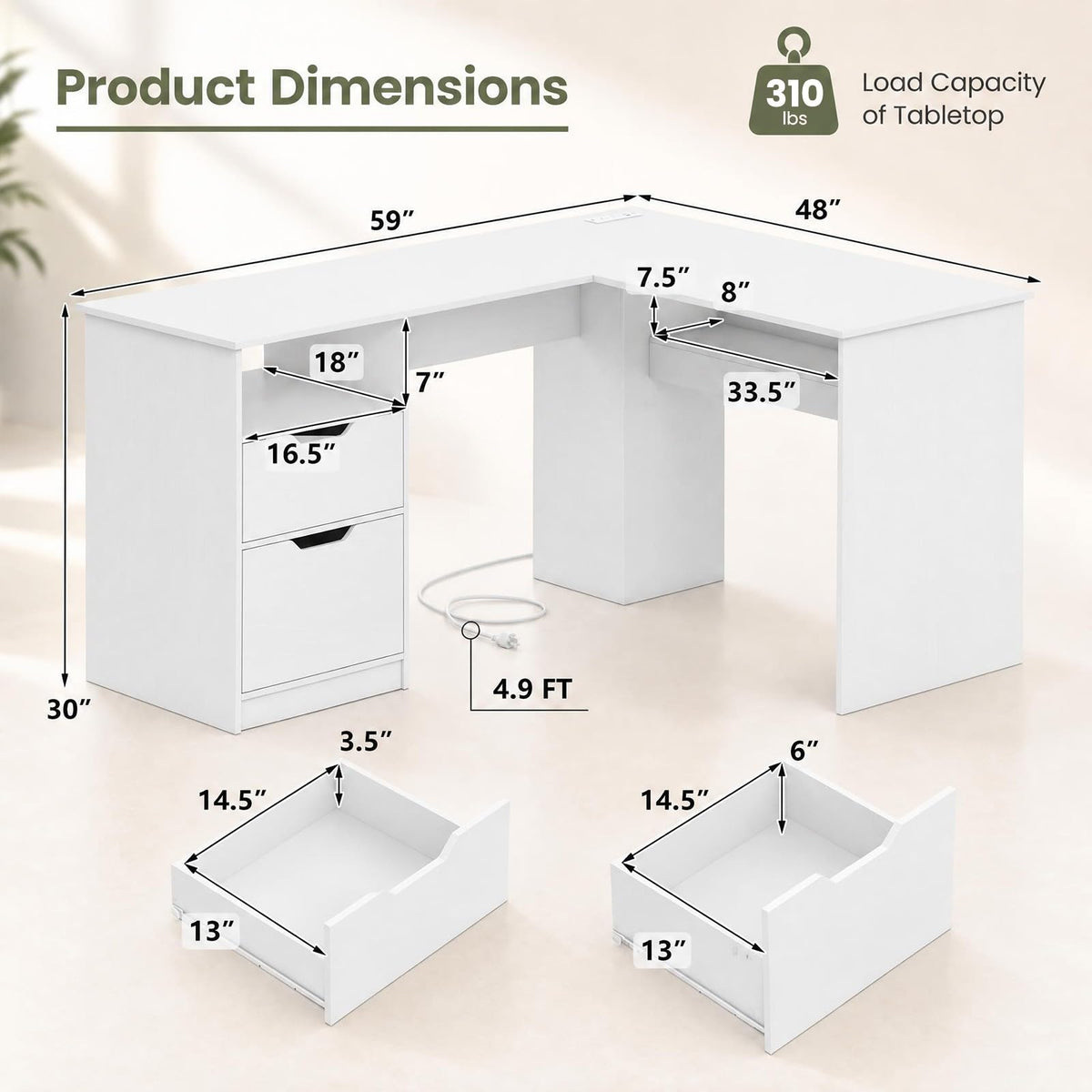 GOFLAME 59" L-Shaped Computer Desk with Drawers & Bookshelf