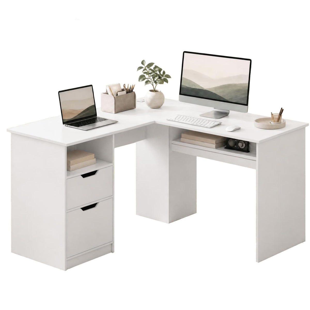 GOFLAME 59" L-Shaped Computer Desk with Drawers & Bookshelf