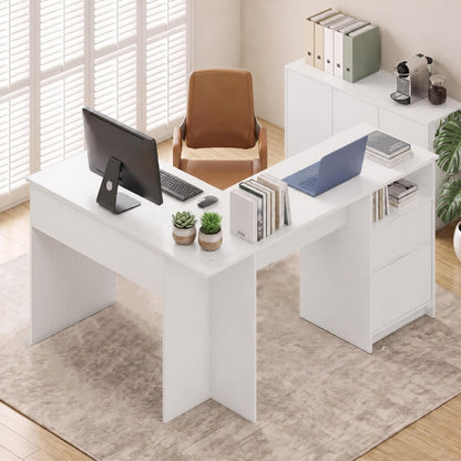 GOFLAME 59" L-Shaped Computer Desk with Drawers & Bookshelf