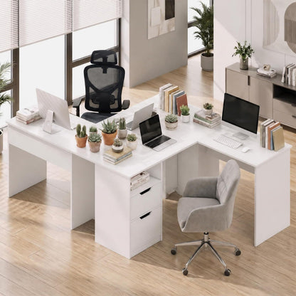 GOFLAME 59" L-Shaped Computer Desk with Drawers & Bookshelf