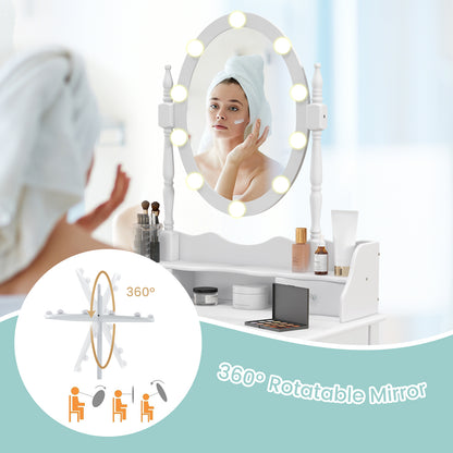 Vanity Table Set with Rotatable Mirror, Makeup Vanity Desk with 3-Color Dimmable LED Lights