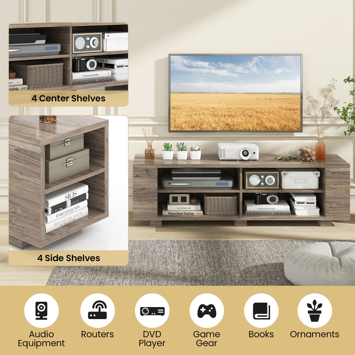 TV Stand for TVs up to 65 Inches, Modern Media Entertainment Center with 4 Open Storage Shelves and 4 Side Storage Shelves