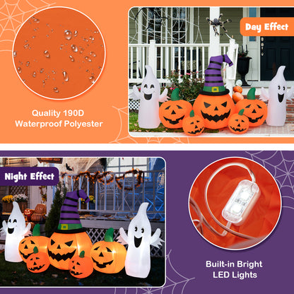 9FT Long Halloween Inflatable Pumpkin with 2 Ghosts, Blow up Yard Decoration with Built-in LED Lights