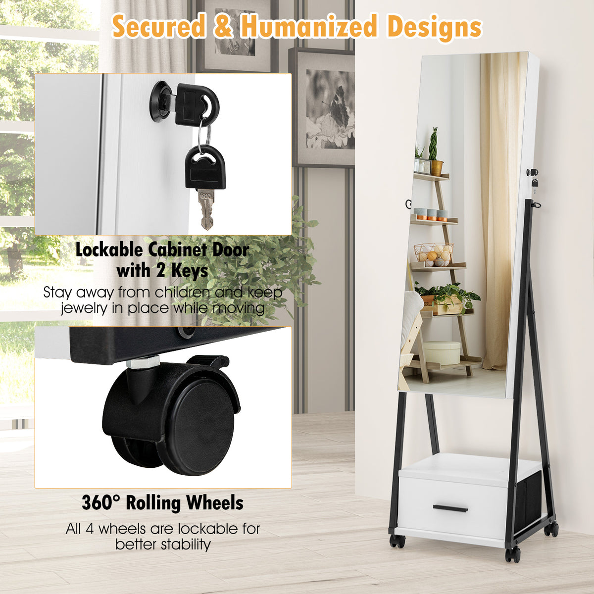 Rolling Jewelry Armoire Cabinet, Full Length Mirror with Storage, Floor Standing Lockable Jewelry Cabinet with Wheels