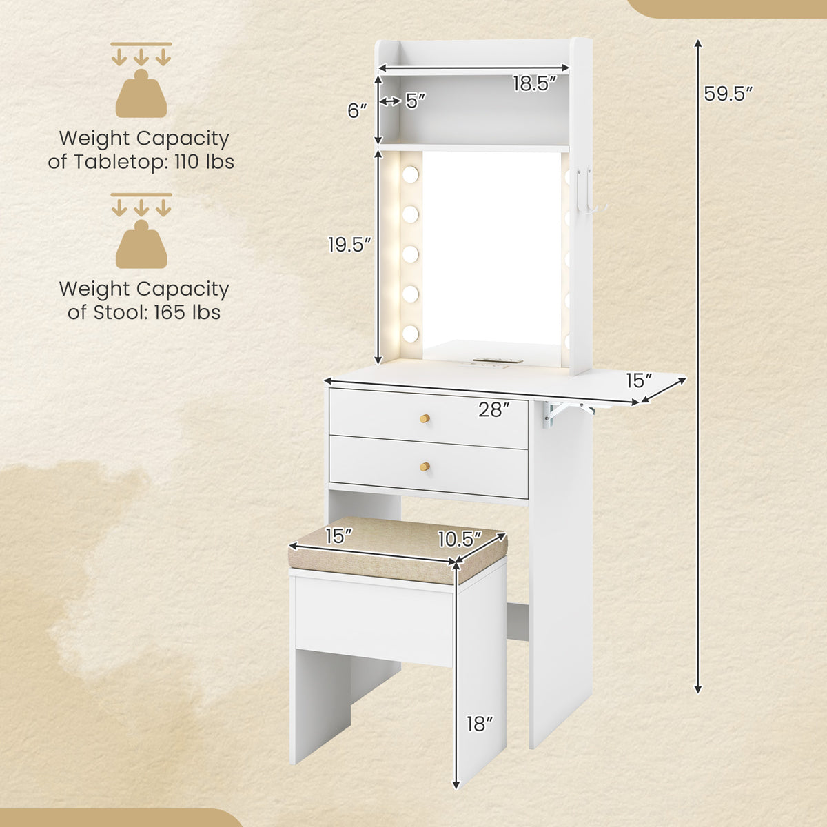 Small Makeup Vanity Set with Mirror and Lights, Modern Compact Vanity Desk Set with Charging Station