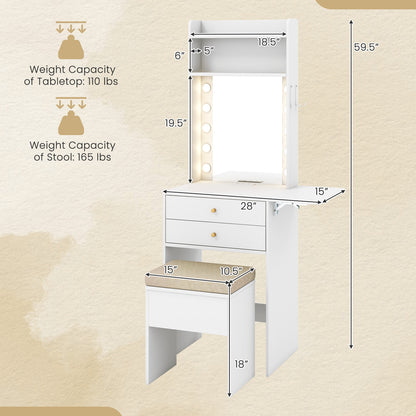 Small Makeup Vanity Set with Mirror and Lights, Modern Compact Vanity Desk Set with Charging Station