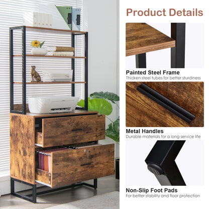 2 Drawer File Cabinet with Open Shelves, Letter Size Large Modern Filing Printer Stand with Lock