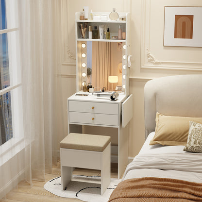 Small Makeup Vanity Set with Mirror and Lights, Modern Compact Vanity Desk Set with Charging Station