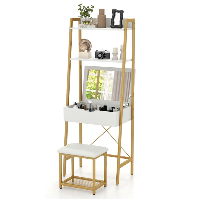 Vanity Table Set with Flip Top Mirror, Ladder Vanity Desk and Cushioned Stool Set with Shelves and Hidden Storage Compartments
