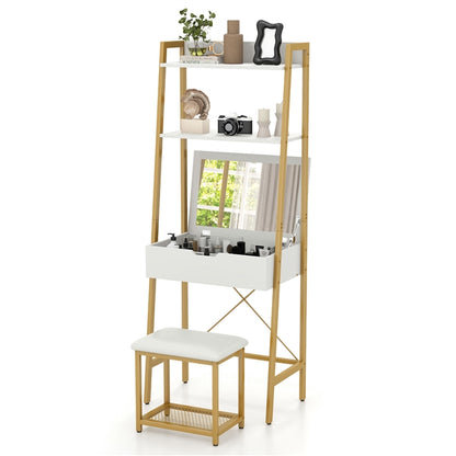 Vanity Table Set with Flip Top Mirror, Ladder Vanity Desk and Cushioned Stool Set with Shelves and Hidden Storage Compartments