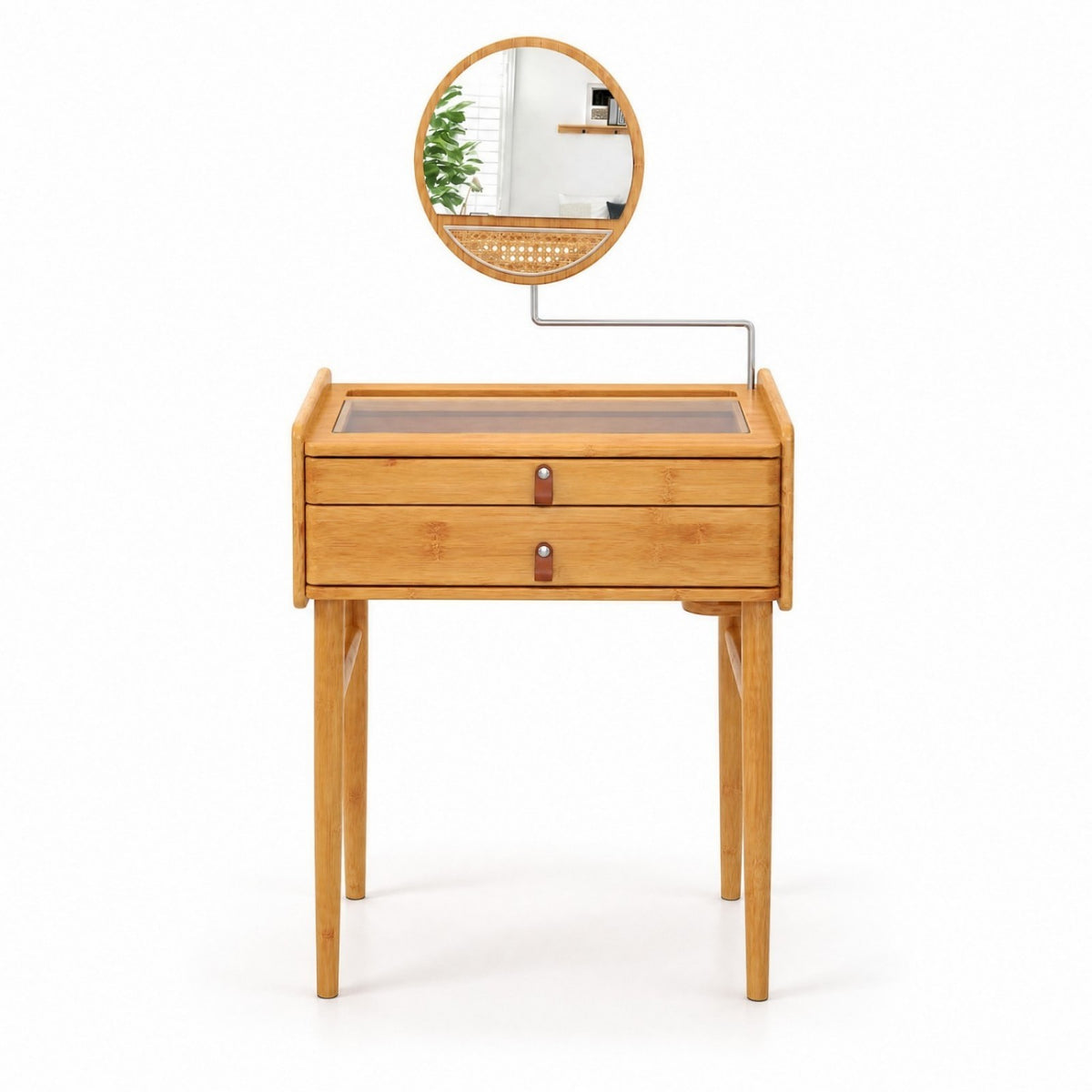 Makeup Vanity Table with Mirror, Bamboo Dressing Table with 2 Storage Drawers and Tempered Glass Table Top