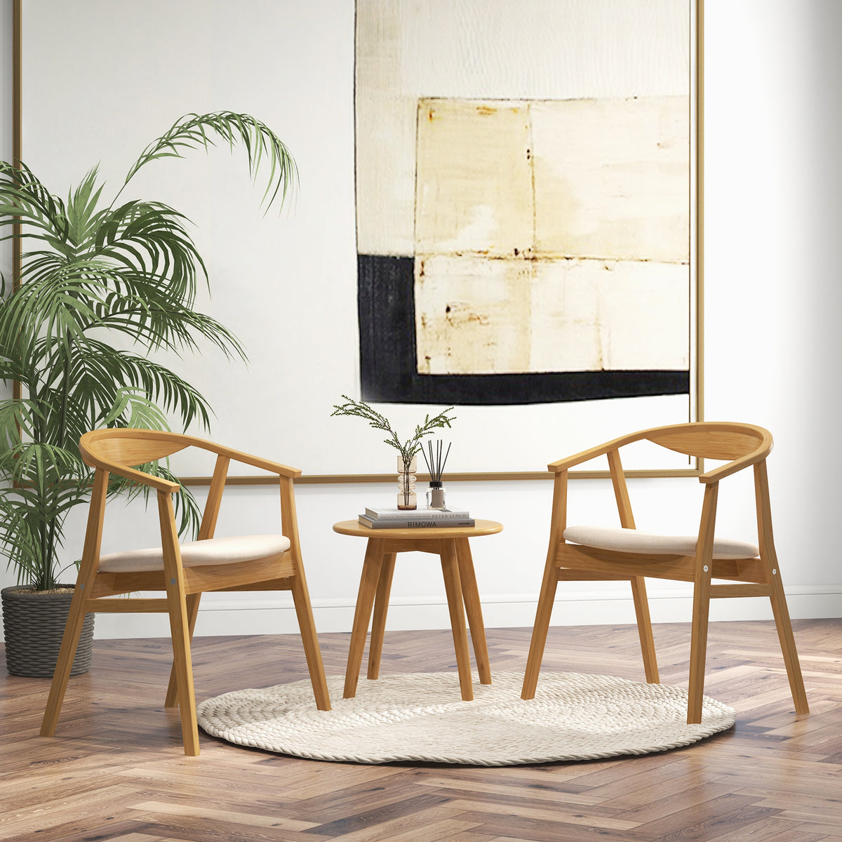 Bamboo Accent Chair, Mid-Century Modern Armchair with Padded Seat, Curved Backrest and Wrap-Around Armrest