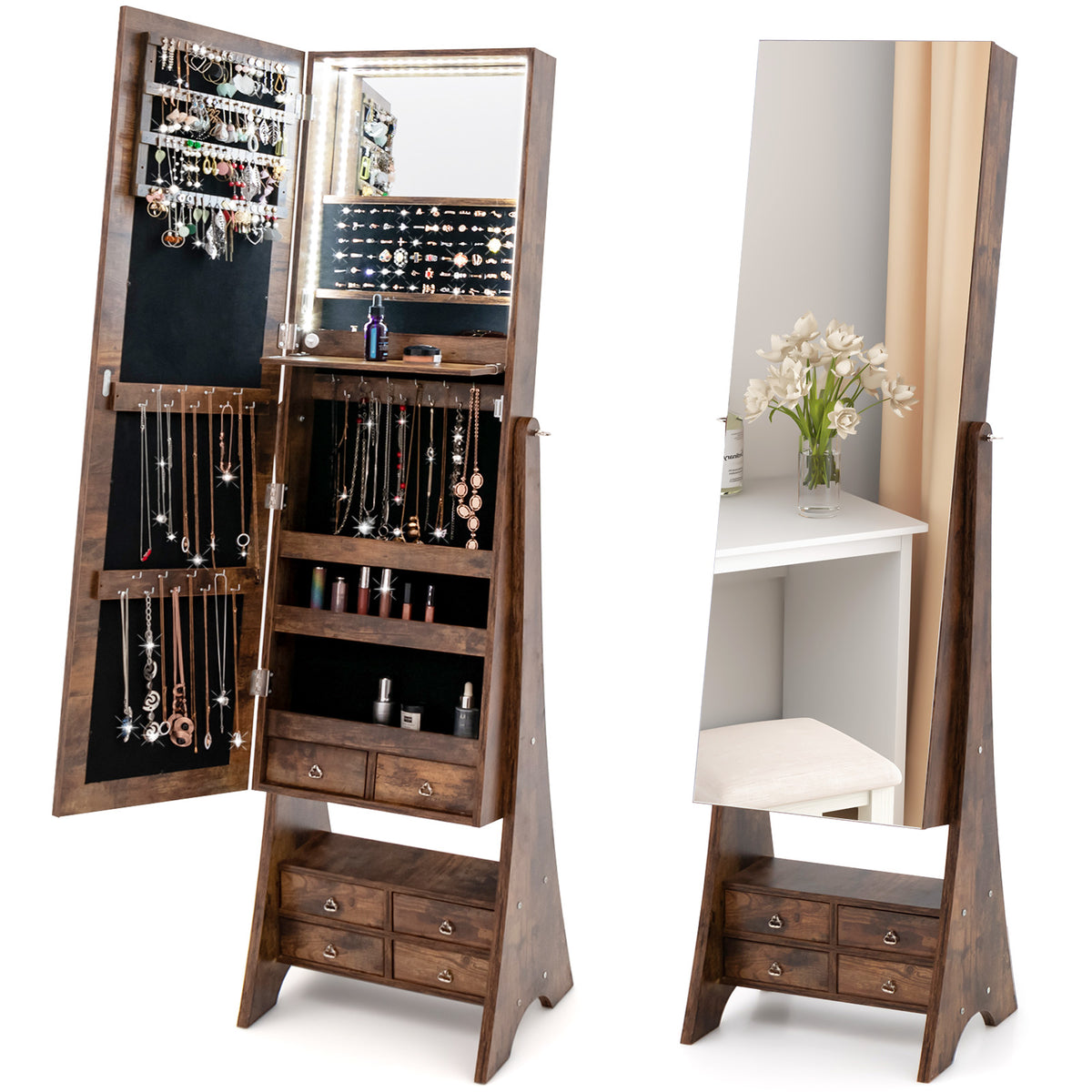 Jewelry Cabinet Freestanding, LED Lighted Jewelry Armoire with Full-length Frameless Mirror